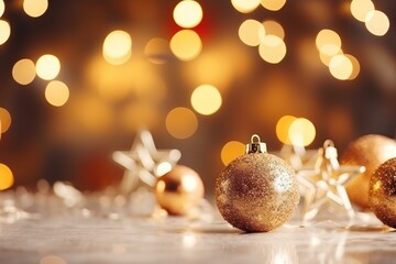 Poster - Christmas ball ornaments are shining on a table with festive bokeh lights in the background