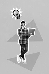 Poster - 3d retro abstract creative collage artwork template of guy working twitter telegram facebook isolated painting background