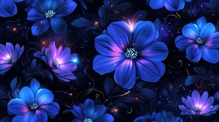Fototapete - A seamless pattern of glowing blue and purple flowers surrounded by swirling light accents on a dark background