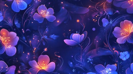 Fototapete - A seamless pattern of glowing purple and blue flowers with delicate light accents and swirling abstract elements