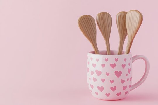 Cute Valentine's Day-themed in a cup with hearts, simple background, 3D illustration style, 2D flat design