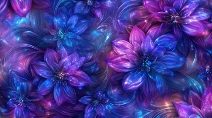 Fototapete - A seamless pattern of glowing purple and blue flowers with delicate light accents and swirling abstract elements