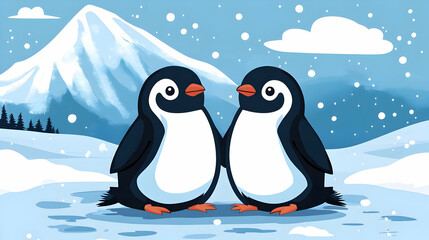 Two Adorable Penguins Stand Together in a Snowy Winter Wonderland Scene.