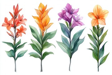 Wall Mural - A watercolor illustration of four colorful flowers with green leaves.