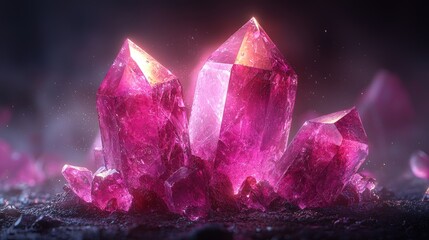 Wall Mural - Glowing pink crystals cluster on dark ground, smoky background, ideal for fantasy, science fiction, or jewelry design.