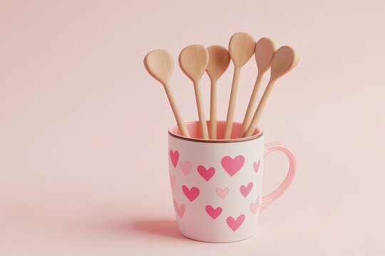 Cute Valentine's Day-themed in a cup with hearts, simple background, 3D illustration style, 2D flat design