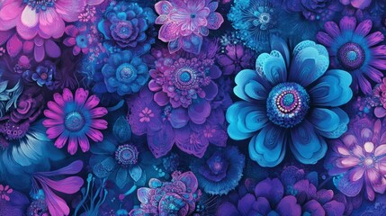 Fototapete - A vibrant pattern of abstract purple and blue flowers with intricate details, softly blending into the background