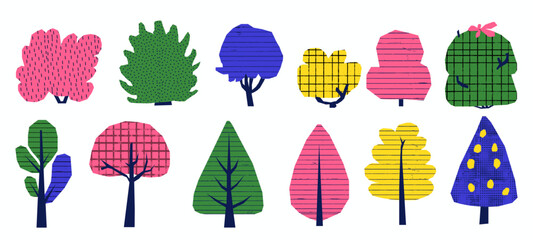 Aufkleber - Naive collage of tree elements. Childish paper cutout with playful textures and doodle details. Cute green vector illustration.