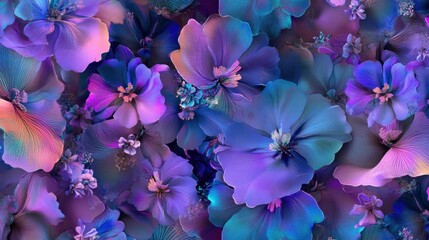 Fototapete - A vibrant pattern of abstract purple and blue flowers with intricate details, softly blending into the background