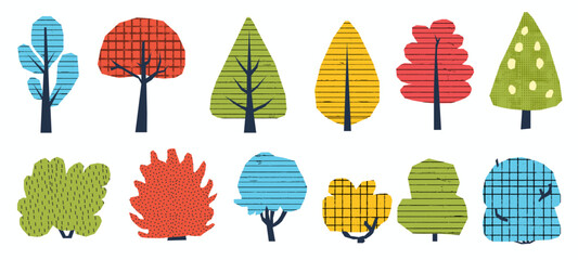 Aufkleber - Childish paper cutout collage of trees and bushes. Cute vector illustration with playful textures and doodle elements.