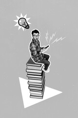 Poster - 3d abstract creative collage artwork template of impressed guy sitting book stack pile typing device isolated painting background