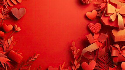 Wall Mural - Valentine's Day paper art banner concept with hand made gift boxes, paper cut ribbons, bows and lots of hearts on red background with space for text. 