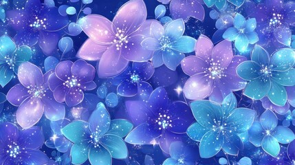 Fototapete - A vibrant pattern of mystical purple and blue flowers with delicate swirls and glowing elements, creating a dreamy background