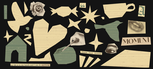 Poster - Ripped paper collage with childish cutout elements and naive texture. Vector background torn magazine pieces, birds, ceramic cup, vase, heart, and stars. Abstract design with sparkle, house, candy.