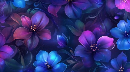 Fototapete - A vibrant pattern of mystical purple and blue flowers with delicate swirls and glowing elements, creating a dreamy background