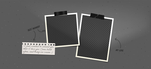 Aufkleber - Frame photo template collage with note paper layout. Retro design vector with cement wall background. . Square border for album, wall poster, or gallery presentation.