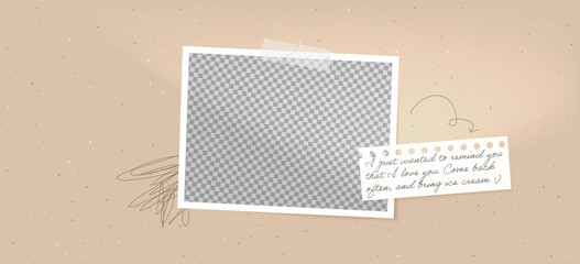 Aufkleber - Frame photo template mockup with vintage tape and sticker. Square Polaroid design on white background, featuring a torn paper note and scratch collage.