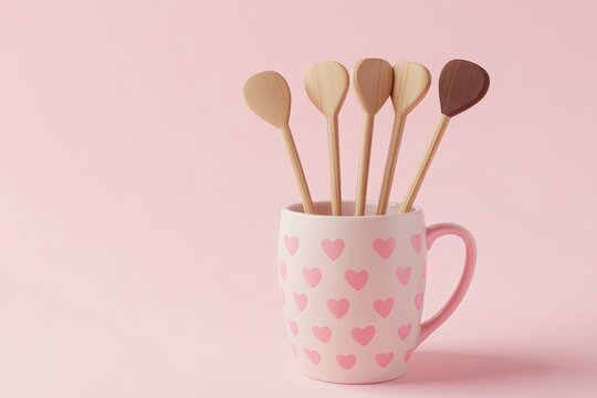 Cute Valentine's Day-themed in a cup with hearts, simple background, 3D illustration style, 2D flat design