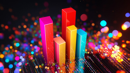 Poster - Two colorful fluctuating bar graphs viewed from a high angle, one in red and one multicolored with sparkling corners, three dimensional illustration
