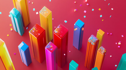 Poster - Two colorful fluctuating bar graphs viewed from a high angle, one in red and one multicolored with sparkling corners, three dimensional illustration