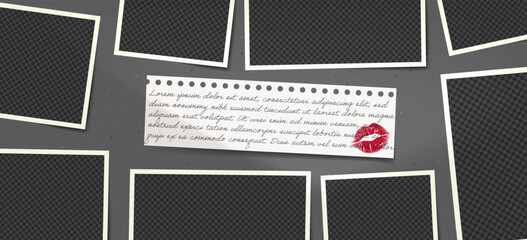 Aufkleber - Photo frame template with kiss note and lips design. Vintage scrapbook collage on cement wall background with a retro album layout.