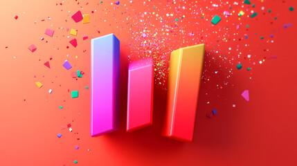 Poster - Two colorful fluctuating bar graphs viewed from a high angle, one in red and one multicolored with sparkling corners, three dimensional illustration
