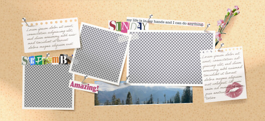 Aufkleber - Photo frame collage with kiss note, sticker and flower branch. Retro scrapbook design featuring paper border and square layout.