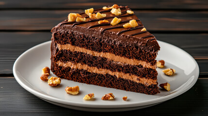 Wall Mural - Delicious chocolate fudge cake slice with creamy layers and nuts