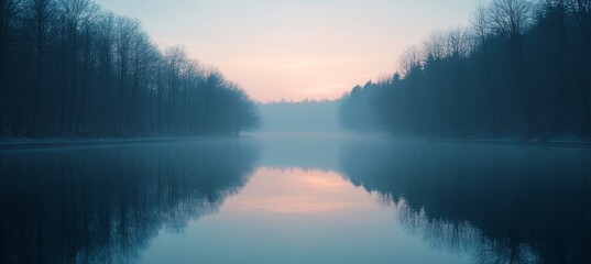 Wall Mural - Tranquil Blue Hour Serene Sunset Reflecting over a Calm Lake with Silhouette of Trees