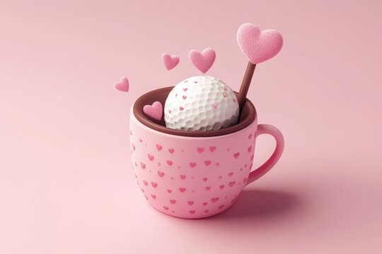 Cute Valentine's Day-themed in a cup with hearts, simple background, 3D illustration style, 2D flat design