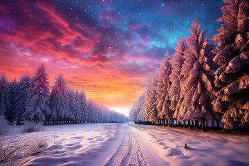 Wall Mural - Superb A road in the middle of a snowy forest