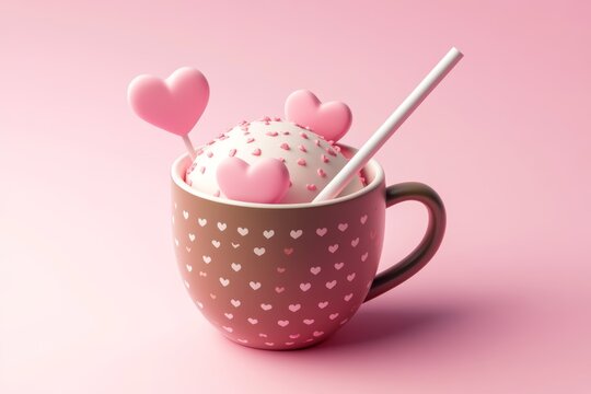 Cute Valentine's Day-themed in a cup with hearts, simple background, 3D illustration style, 2D flat design