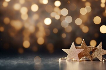 Poster - Christmas greeting card with golden glittering stars and string lights on a sparkling background
