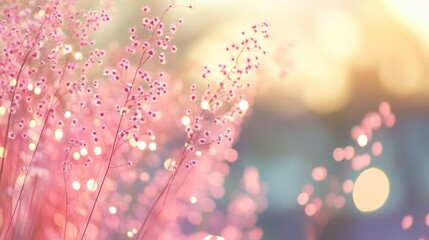 Wall Mural - Bright pink flowers bloom softly against a dreamy background, with gentle bokeh effects enhancing the tranquil setting at dusk