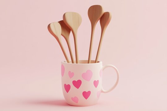 Cute Valentine's Day-themed in a cup with hearts, simple background, 3D illustration style, 2D flat design