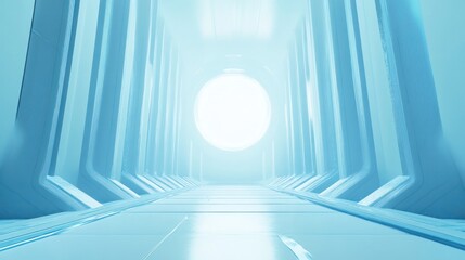 Wall Mural - Futuristic blue corridor with bright light at the end.