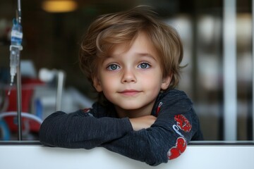 Young caucasian boy with blue eyes smiling indoors.