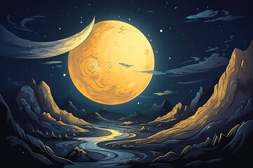 Wall Mural - Incredible Full moon reflecting on sea waves with dark sky background
