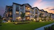 © Nurul - Modern apartment building at dusk, landscaped grounds,  exterior lighting.