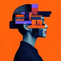 Wall Mural - A striking profile of a woman with an abstract design, featuring geometric shapes and vibrant colors against a bold orange background.