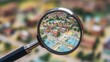© Umi Sakina - Magnifying glass enlarging a detailed city map.