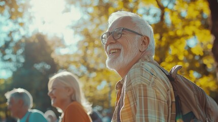 Wall Mural - Group of happy elderly people bonding outdoors at the park - Old people in the age of 60, 70, 80 having fun and spending time together, concepts about elderly, seniority and wellness aging