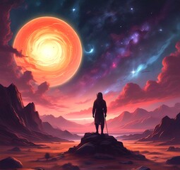 Illustration of outer planet with starry galaxy.