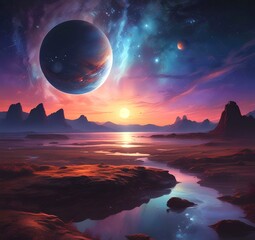 Illustration of outer planet with starry galaxy.
