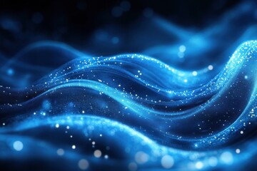 Poster - Vibrant blue waves flow smoothly with shimmering particles creating an elegant and dynamic backdrop suitable for various business applications