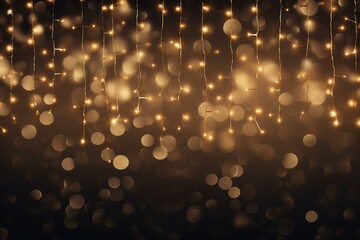 Poster - Hanging string lights glowing warmly against a dark background, creating a festive bokeh effect