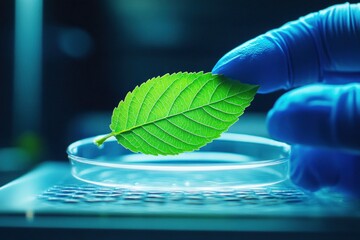 A green leaf is carefully held above a petri dish in a laboratory environment, showcasing its texture and color under blue lighting