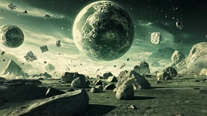 Wall Mural - Cosmic landscape with floating rocks and distant planets in a surreal atmosphere