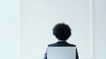 Poster - afro american businessman in formal attire seated at modern office desk looking at large empty wall in bright clean workspace