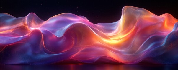 Poster - Curved waves of holographic texture ripple in a blend of vibrant colors, illuminated by subtle light reflections and a dreamy ambiance